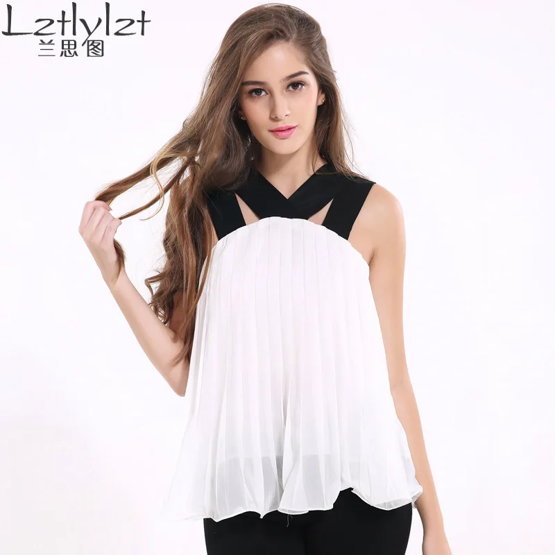 LZ 2017 Spring Women Chiffon Boho Blouse Patchwork Pleated Tops Fashion V-neck Cold Shoulder |