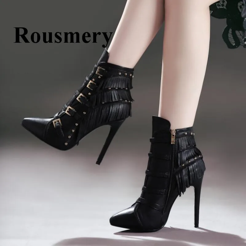 

Winter Newest Rivet Fringe Pointed Toe High Heel Genuine Leather Fashion Buckle Desgin Side Zipper Women Ankle Boots Four Color