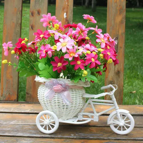 

Plastic White Tricycle Bike Design Flower Basket Storage Party Decoration Home Decor Hot Decorative Shelves