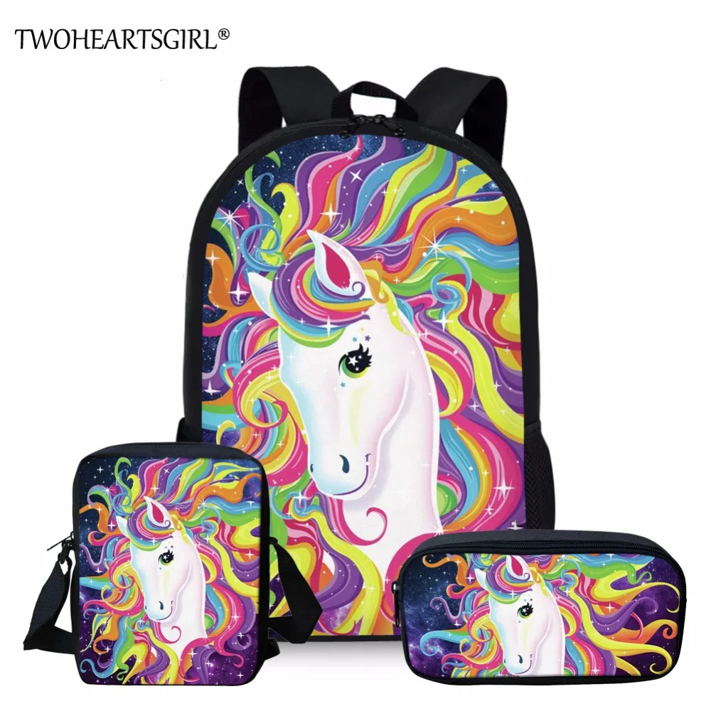 Twoheartsgirl Colorful Unicorn Prints Girls Schoolbag Backpack Children Book Bag School Bagpack Set for Kids Cartoon Rucksacks