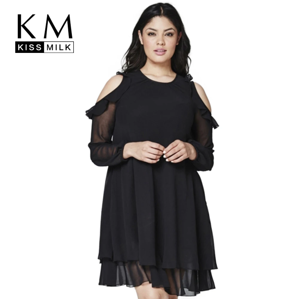 Kissmilk плюс размер женская одежда основные твердые dress холодный рябить шифон с длинным
