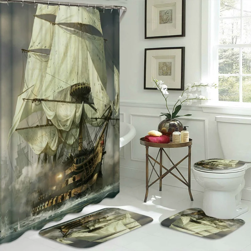 

4 Pcs Pirate Ship Sailboat Waterproof Bathroom Set 180*180cm Shower Curtain Toilet Cover Mat Non-Slip Rug Set With 12 Hooks