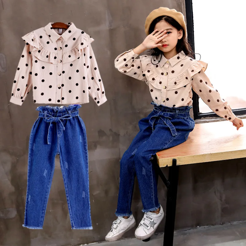 

Fall Kids Clothes Set 2019 New Fashion Children Clothing Long Sleeve Dot Blouse + Jeans 2pcs Autumn Toddler Girl Clothing 8 9 10