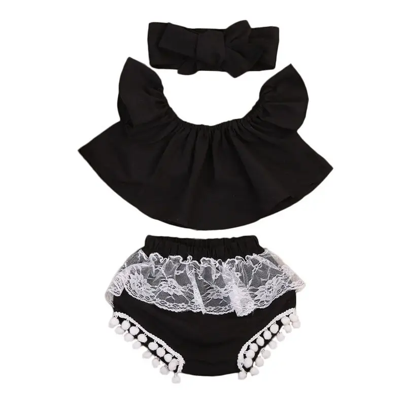 

Cute Newborn Baby Girl Clothes 2017 Summer Off shoulder Crop Tops+Tassel Bloomers Short Headband Outfit Kids Clothing Set 0-24M