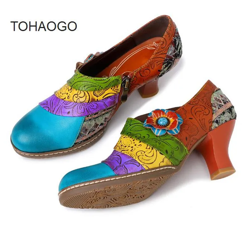 

Spring and autumn new retro handmade high heels Spanish style stitching four seasons women's shoes Heels women pumps Size 36-42