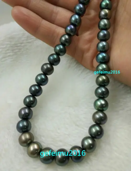 

stunning 9-10 MM NATURAL TAHITIAN BLACK GREEN PEARL NECKLACE 18'' 925 silver clasp