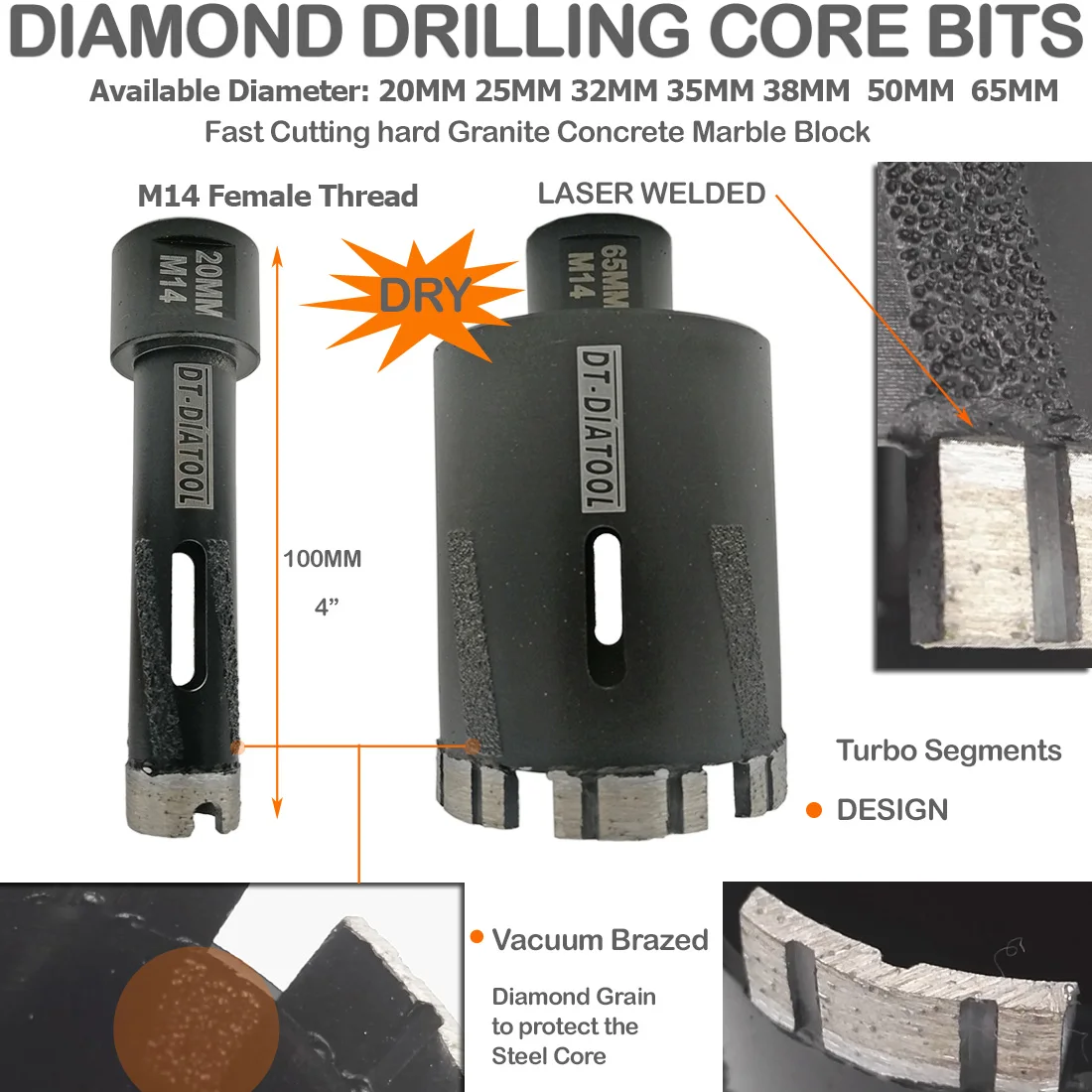 DT_DIATOOL 2pcs 32mm Laser Welded Diamond Dry Drilling Core Bits for hard granite marble With Side Protection m14 Connection