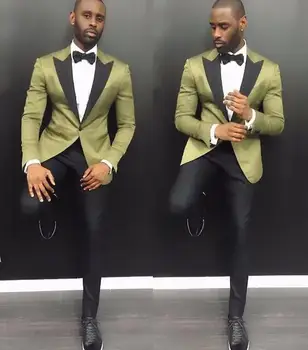 

Fashion men's suit 2018 summer gap lapel groom wedding evening 2 pieces green jacket with black pants design trend suit