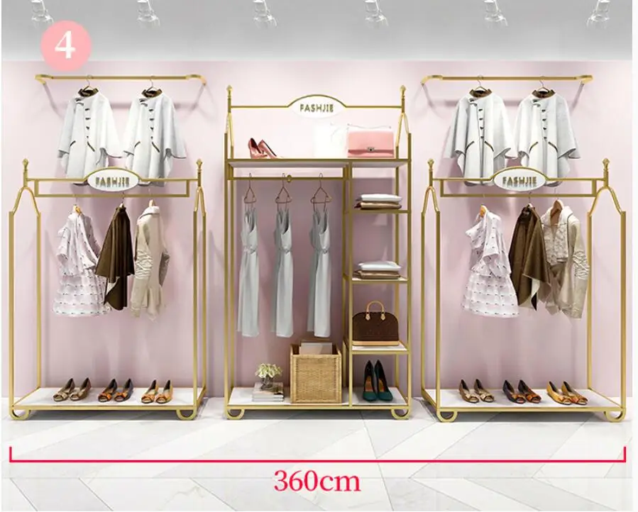 Europe type gold dress shop rack rack high grade clothes rack shoes bag double layer clothing display rack