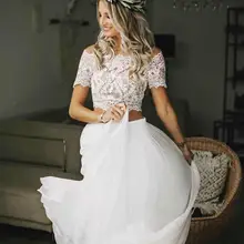 Arabic Sexy Cheap Wedding Dress Two Pieces Boho Short Sleeves Chiffon Flowing Bohemian Beach Dresses Crop Tops Plus Size