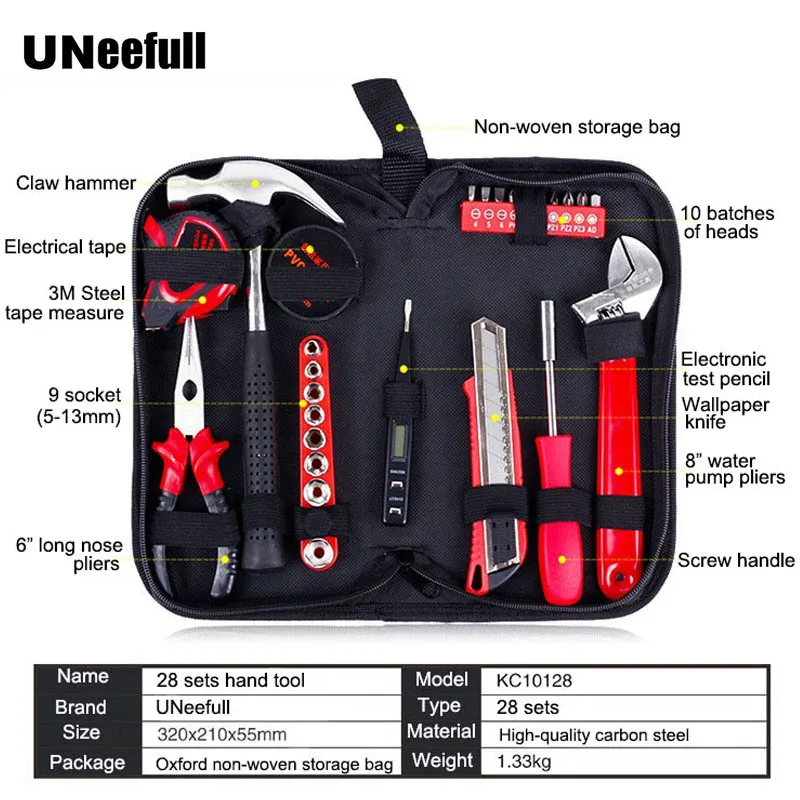 

UNeefull 28PCS Hand Repair Tool Set,Combination Household Hand Tool Kit With Non-woven storage,Socket Wrench,Pliers,Knife,Hammer