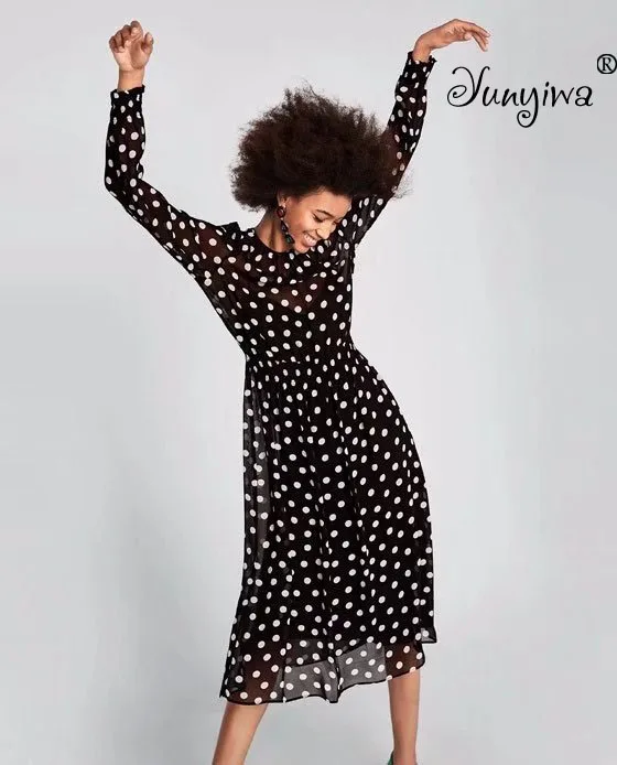 Женское платье повседневное прямое в горошек с длинными рукавами Vestidos шифоновое