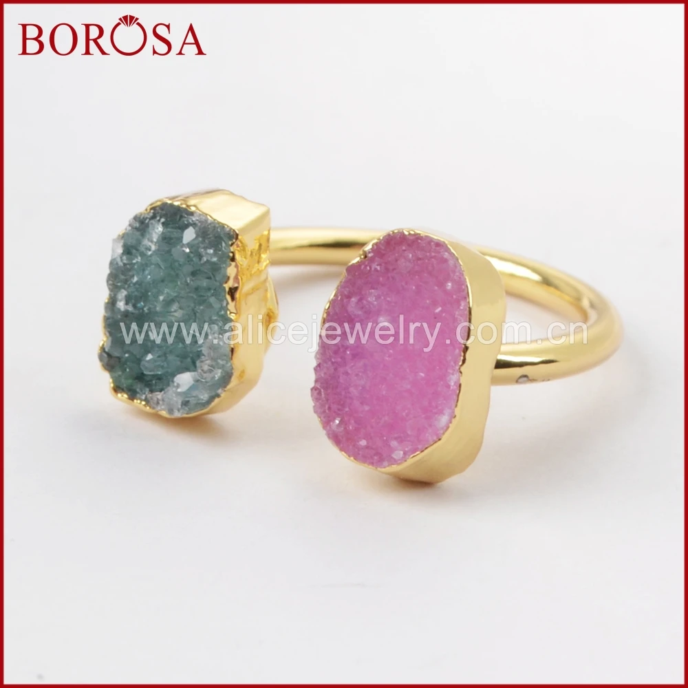BOROSA 10 шт Новое прибытие двойное Druzy кольцо для женщин смешанные цвета золотой