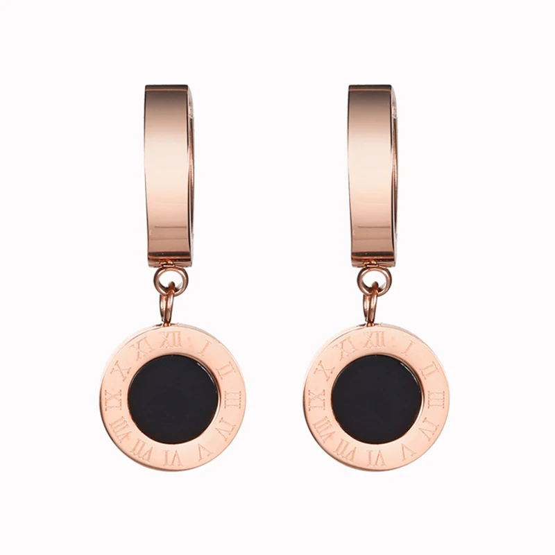

Women's Hoop Earrings Rose Gold Collier Femme Jewelry Stainless Steel Roman Numeral Earrings Female