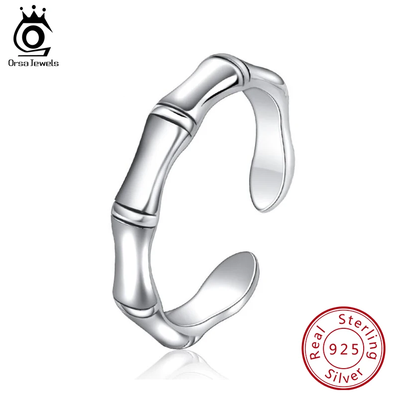ORSA JEWELS 925 Sterling Silver Ring For Women Bamboo Bone Open Cuff Rings Resizable Wedding Engagement Fashion Jewelry PSR50
