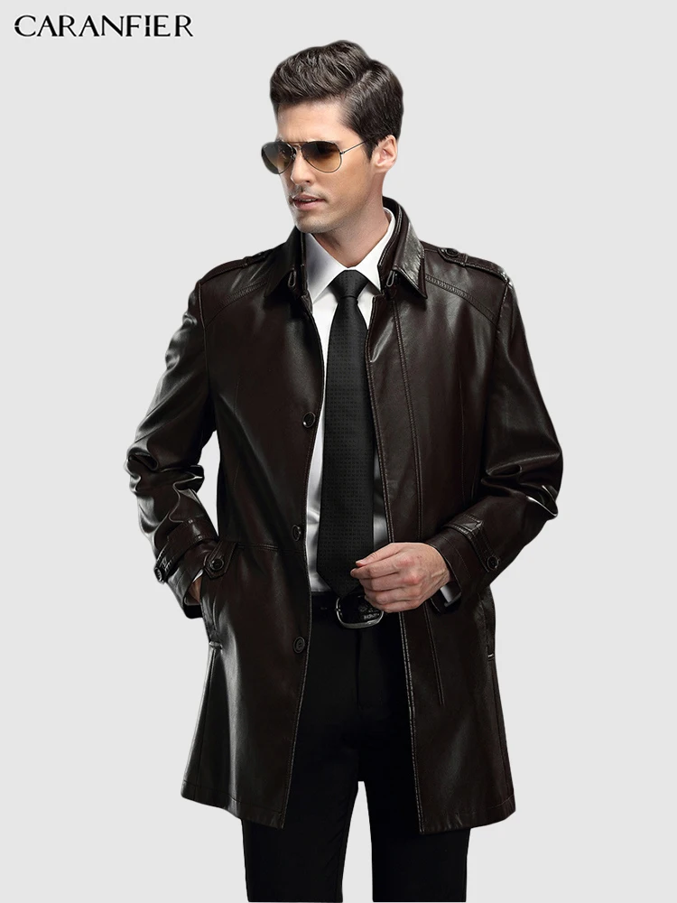 

CARANFIER Mens Windbreaker Genuine Leather Sheepskin Mid-Long Leather Jackets Winter Motorcycle Coats Solid Slim Fit Outerwear