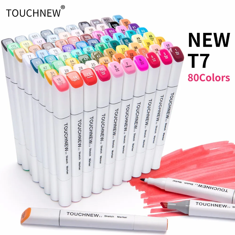 

TOUCHNEW T7 Dual Tips Art Marker Set 30/40/60/80 Alcohol Based Sketch Markers Pen for Animation Comic Design Office Art Supplies