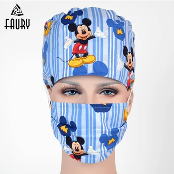 

New Surgical Cap Dentists Scrub Caps Hospital Work Hats Mickey printing Operating Room Beauty Cotton Work Cap Doctor Accessary