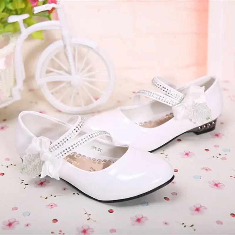 Искусственная кожа Обувь для девочек обувь для вечеринки, свадебные туфли с бантом белые туфли для школы Chaussure Mariage FILLE Noir принцессы Обувь для младенцев tx249 - Цвет: White