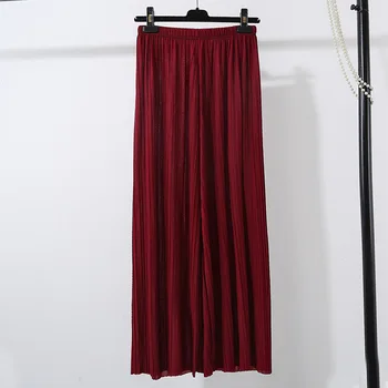 

Summer Wine Red Wide Leg Pants Casual Ice Silk Linen Elastic Pleated Sweat Capri Pants Women Loose Thin Woman Trousers Female