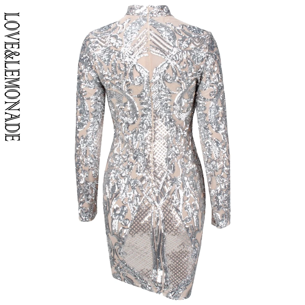 Love& Lemonade серебряное геометрическое графическое платье с блестками Обнаженная Подкладка с длинными рукавами TB 10153