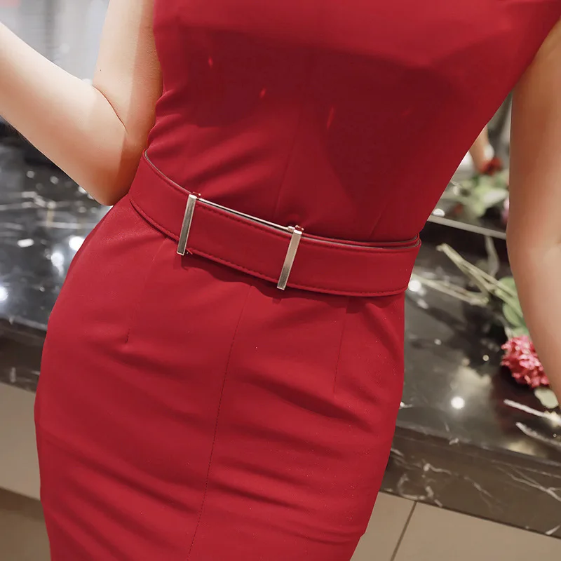Летнее открытое облегающее платье-карандаш для женщин, красное, черное, без рукавов, с круглым вырезом, повседневное, офисное, женское, элегантное, вечернее платье