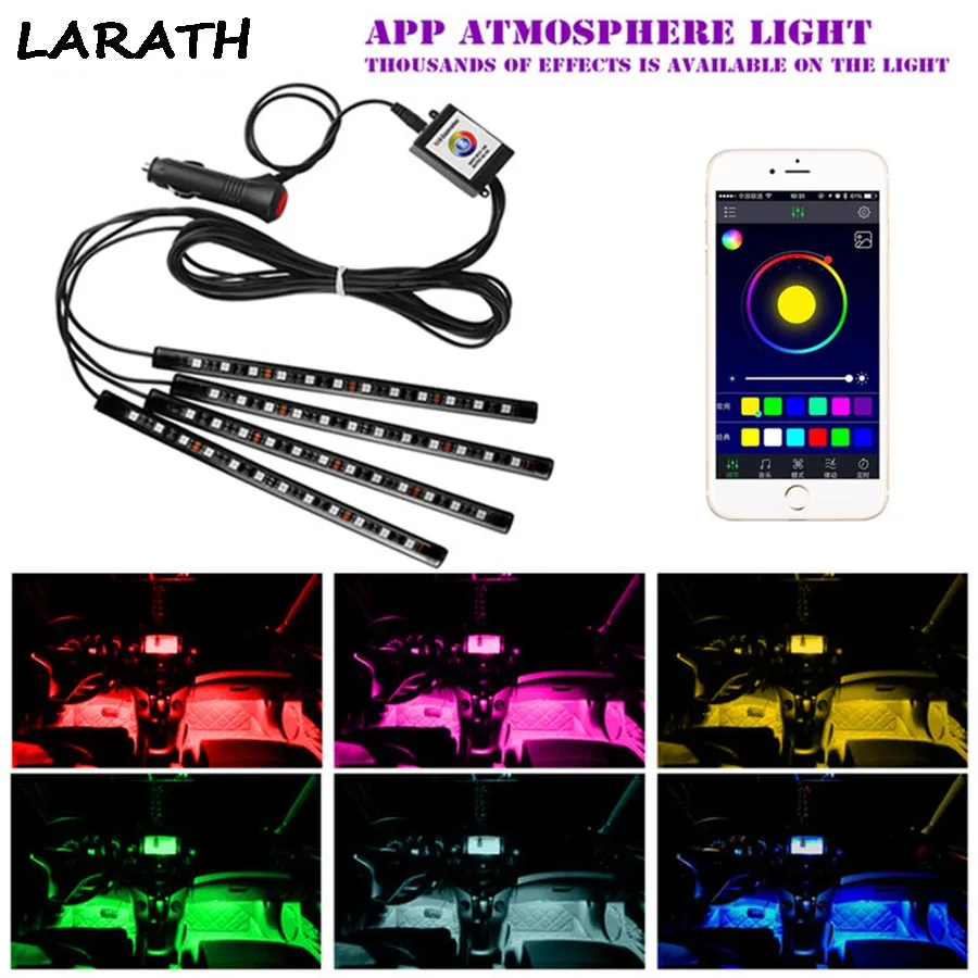 

4PC APP Control 12LED RGB Led Car Atmosphere Light Auto Cigarette LED Glow Decorative Lamp Car Lighting For Android IOS