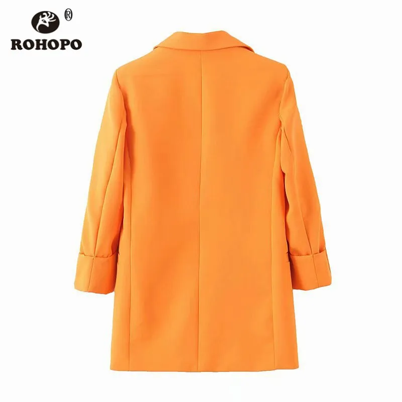 ROHOPO Women Orange Blazer Office Ladies Autumn Outwears British Notched Chic Female Solid Draped Sleeve Blazers #BM2189