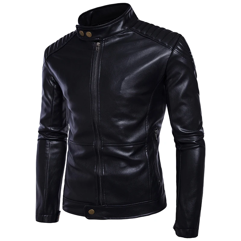 Env для мужчин st модные мотоциклетные мужские Куртки из искусственной кожи пальто черный стоячий воротник полосатый наплечный кожаный пиджак