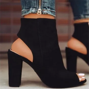 

Ankle Boots Faux Suede Leather Casual Open Peep Toe High Heels Zipper Fashion Square Rubber Black Shoes For Women Plus Size 43