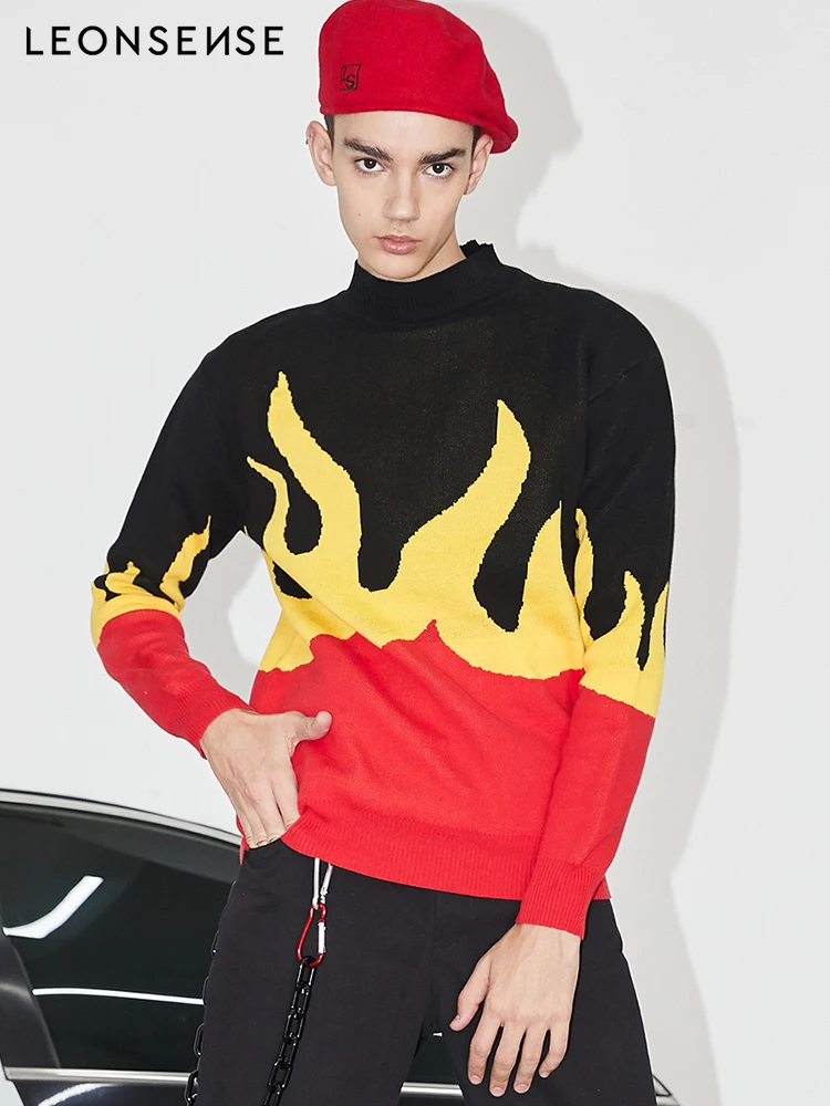 

LEONSENSE Sweater Pullover Retro Vintage Fire Flame Mens Knitted Sweater Streetwear Autumn winter 2018 Pullover Oversize Cotton