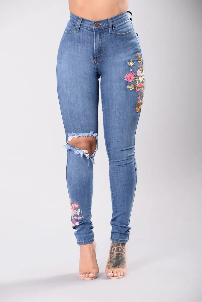 AliExpress Лидер продаж осень 2018 новые джинсы Европа и США вышитые дамы ноги брюки высокие эластичные джинсы