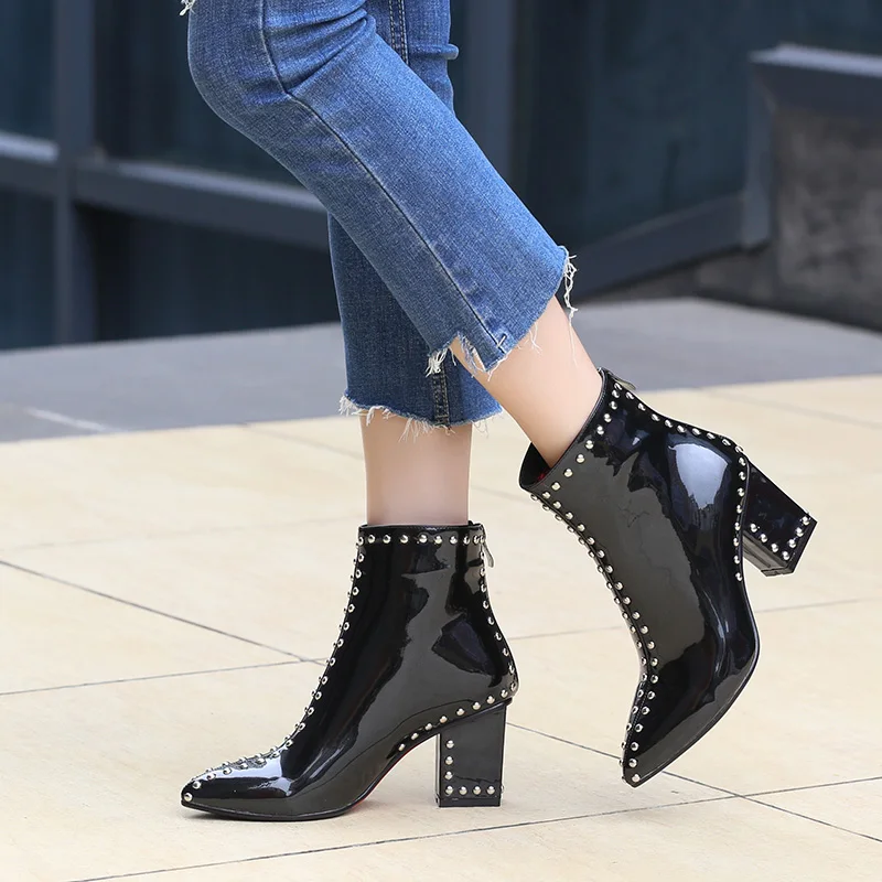 WETKISS High Heels Women Ankle Boots Pointed Toe Footwear Patent Pu Rivet Ladies Boot Fashion Party Shoes Women New Winter