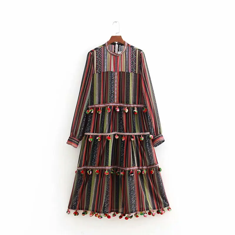 

women vintage o neck fur ball splicing colorful striped long dress female chic vestidos casual slim brand party dresses