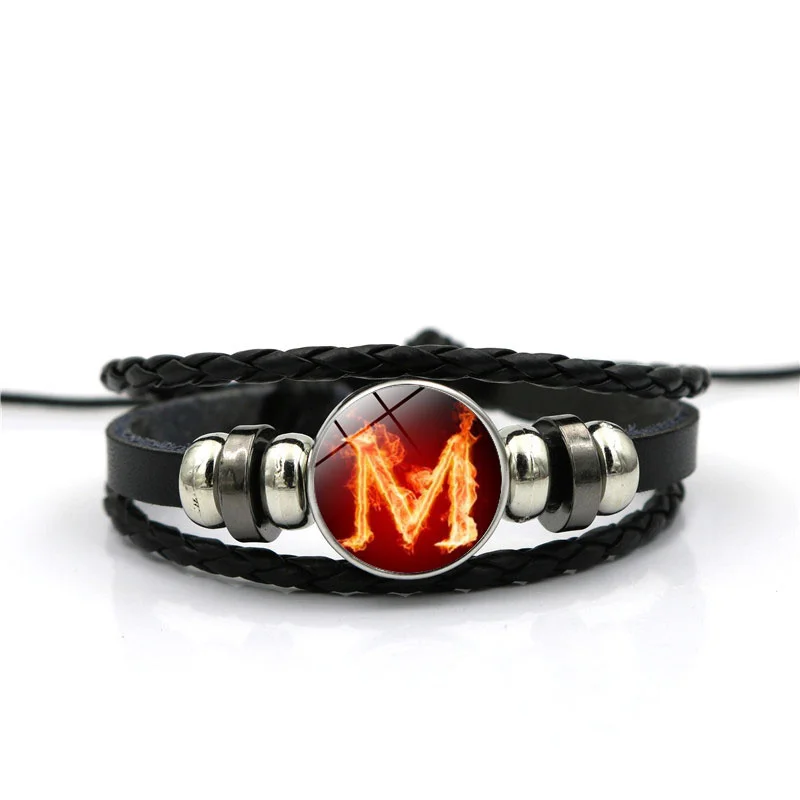 Flame A-M Letters Bracelet PersonalityTeam Name Rope Bracelet Black Leather Bracelet Men Women Fashion - Окраска металла: 13