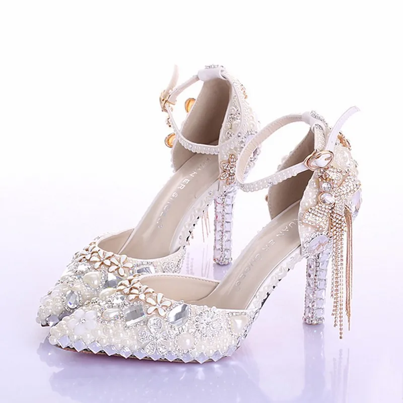 Ботильоны с острым носком на застежке свадебные туфли свадебная обувь жемчужно-кремового цвета свадебные туфли-лодочки со стразами обувь для выпускного вечера
