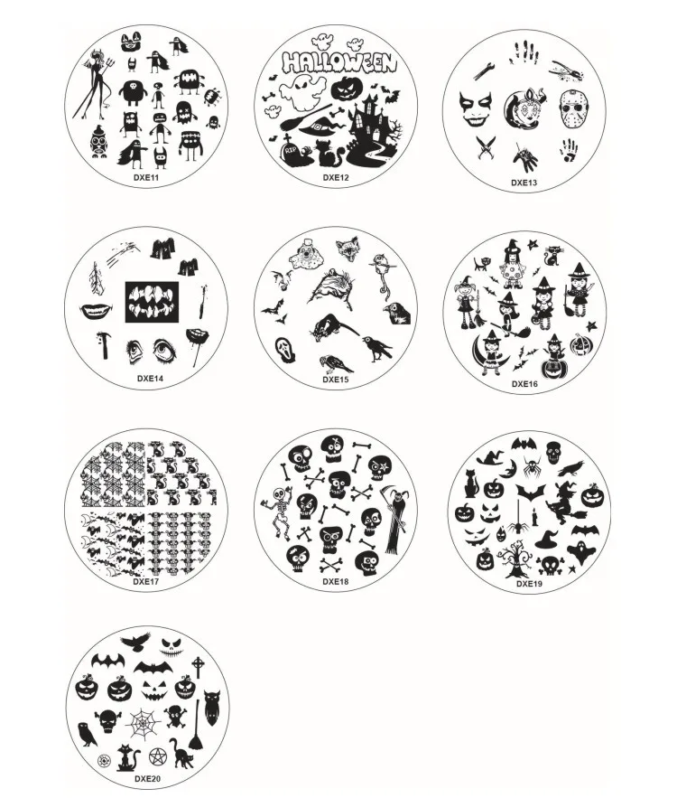 Arte do Unha Dia das Bruxas Placas de Aço + 1 Redondo Inoxidável Carimbo Placa Geléia Stamper Raspador Faça Você Mesmo Polonês Modelos Unhas Kit 10 2 Beleza e saúde