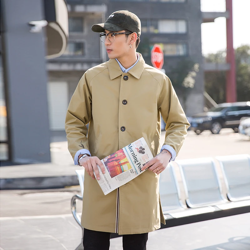 

Men's trench coat spring 2019 new slim-fit, rag-sleeve, mid-length khaki trench coat coat loose, casual and trendy men's wear