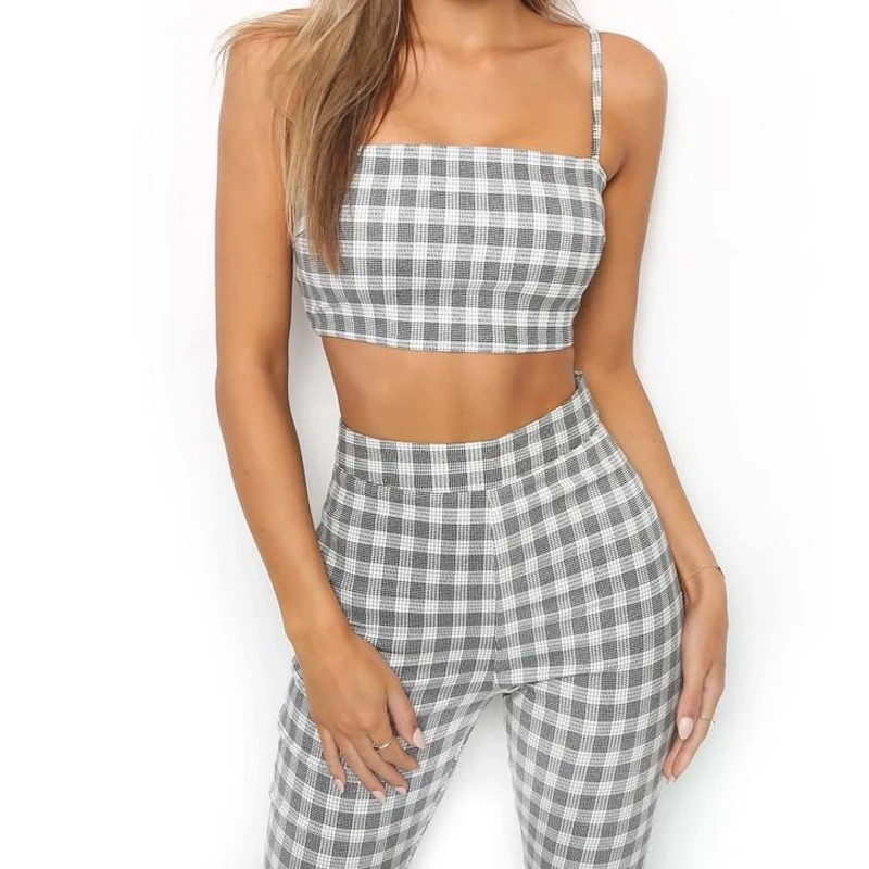 

Minimalist Women 2PCS Set Crop Top Long Pencil Pant Black Plaid Shirt Flare Pants Sleeveless Camisole Skinny Trousers For Lady