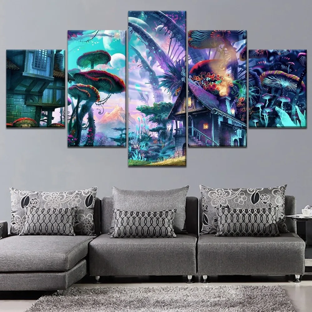 

Psychedelic Purple Cartoon Mushroom City Paintiing 5 Piece Style Picture Modern Canvas Print Type Home Decor Wall Artwork Poster