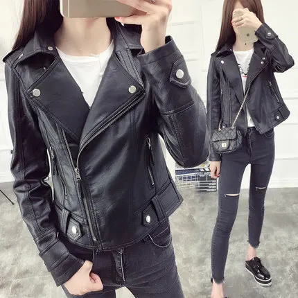 Moto Turn Courts Ht120 down Pu Femmes Noir Manteaux cuir Vestes Zipper Femelle Pu Slim Collar Dames vZgYqO