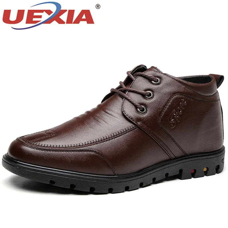 

UEXIA Ankle Shoes Men Boots Leather Plush Fur Lace Up Warm Winter Mens Shoes Anti Skidding Winter Walking Shoes Men Black Brown
