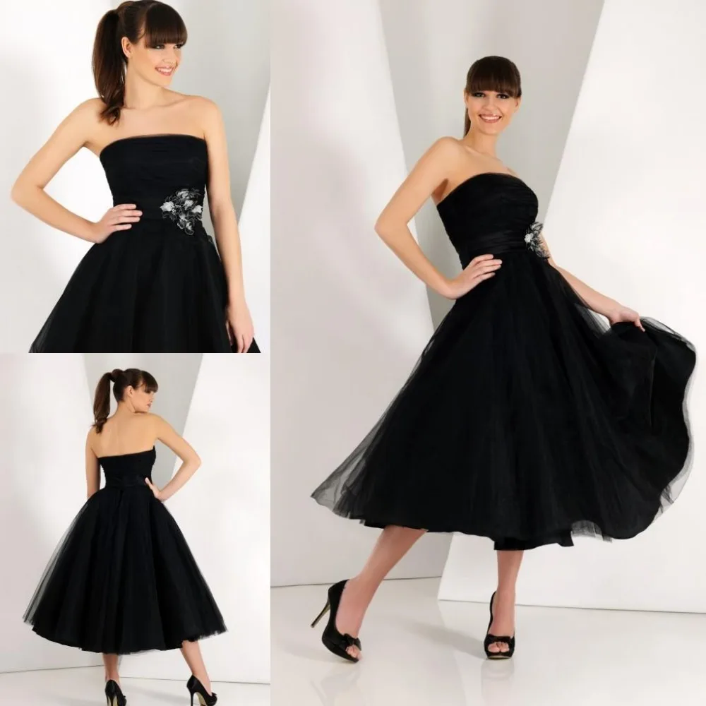 Top Quality 2017 A Line Strapless Sleeveless Handmade Flower Zipper Back Tea Length Wedding