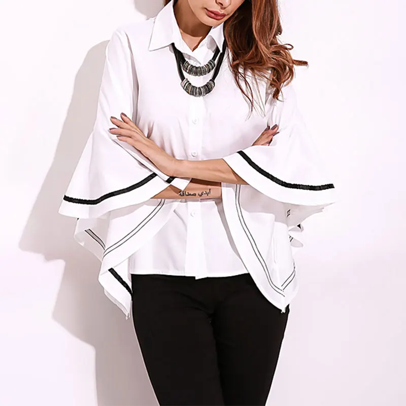 

Chiffon Shirts Women Spring Fashion Casual Blouse Long Trumpet Sleeve Female Turn-down Collar Shirt Tops Plus Size 4X