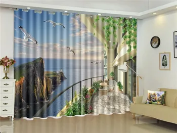 

3D Curtain European Villa Seagull Beautiful Sea View 3D Sea View Curtains Living Room Bedroom Beautiful Practical Blackout Curta