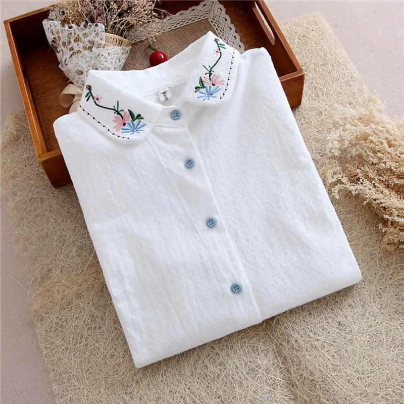 Girls Embroidery Floral Collar font b Shirt b font Single Breasted Female Sweet font b Blouses