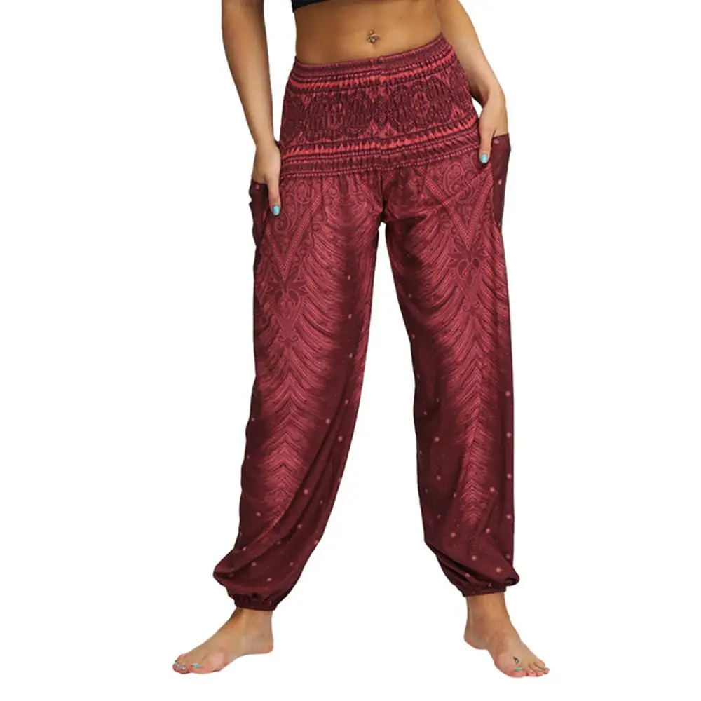 Мужские и женские повседневные свободные хиппи брюки для йоги спортивные брюки, мешковатые шаровары Boho с принтом для унисекс Мода - Цвет: Красный