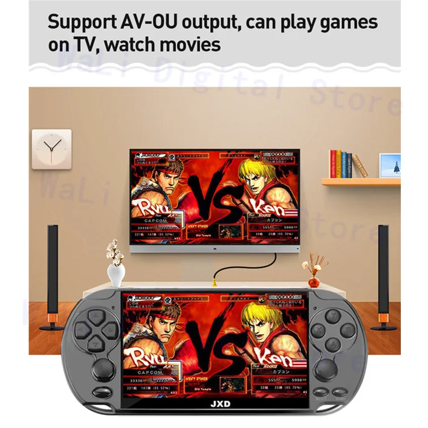 New JXD 5.1 inch video game console 48GB build in 9450 games for aracde neogeo/cps/gba/gbc/gb/snes/nes/smd mp3mp4 player DV/DC