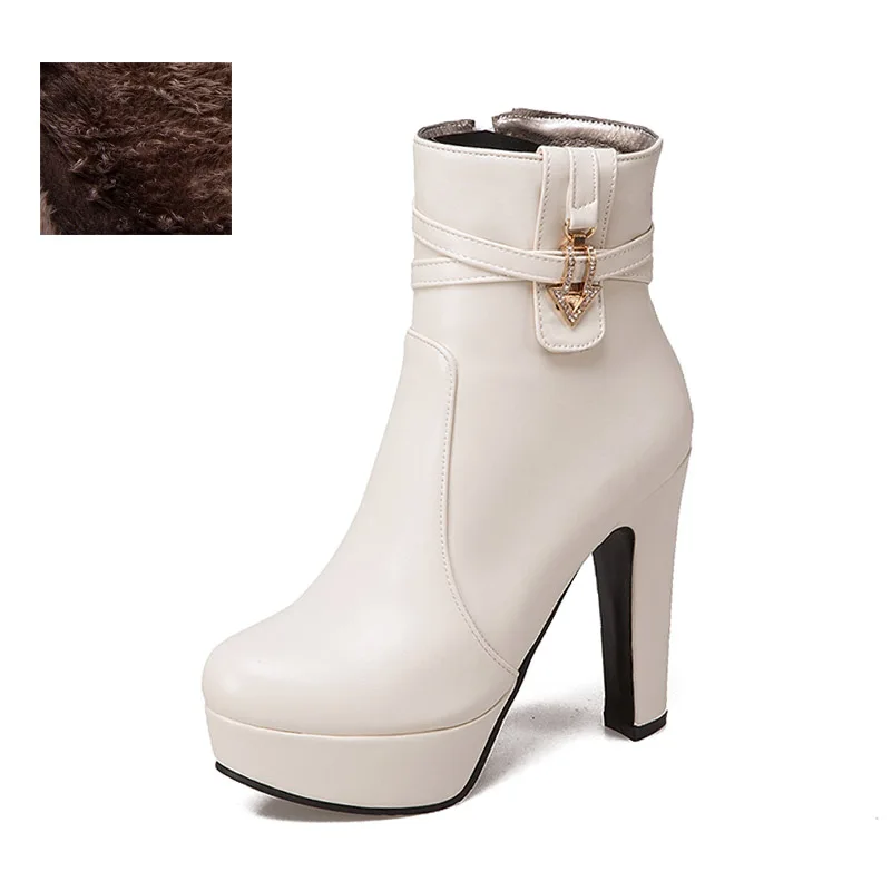 WETKISS/ г. Зимние женские ботильоны на высоком каблуке обувь с круглым носком, женская обувь из искусственной кожи с кристаллами зимние ботинки на платформе Большие размеры 34-50 - Цвет: Бежевый