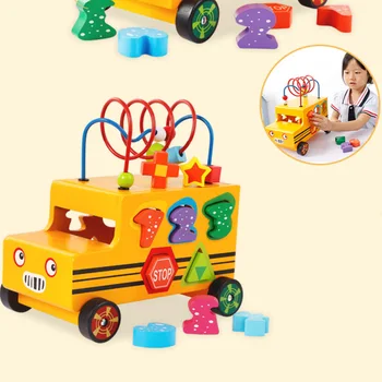 

Educational Toy Sturdy Wooden Multifunctional Bus shape matching blocks around the bead car baby pull toys Drop shipping
